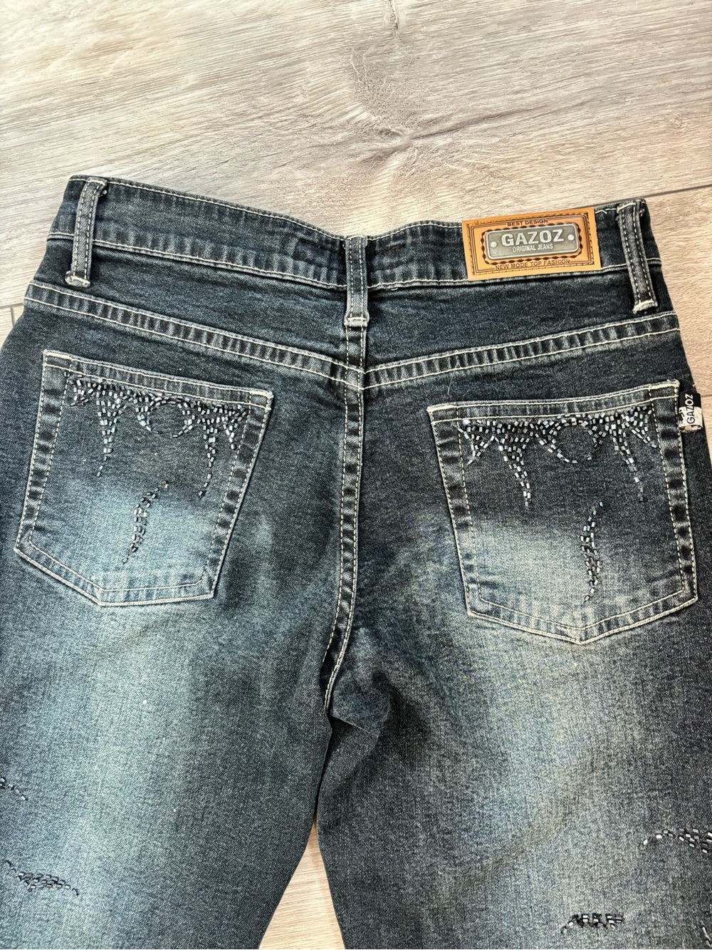 VTG Gazoz Y2K Rhinestone Lace Panel Denim Capris